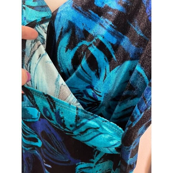 Venus Dress XL Blue Floral Mini Velour Faux Wrap 80s Bodycon Artsy Retro Vegas - Picture 5 of 10